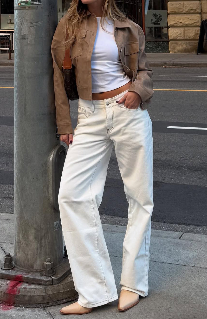 White Fox Bring The Style Low Rise Wide Leg Jeans Off White