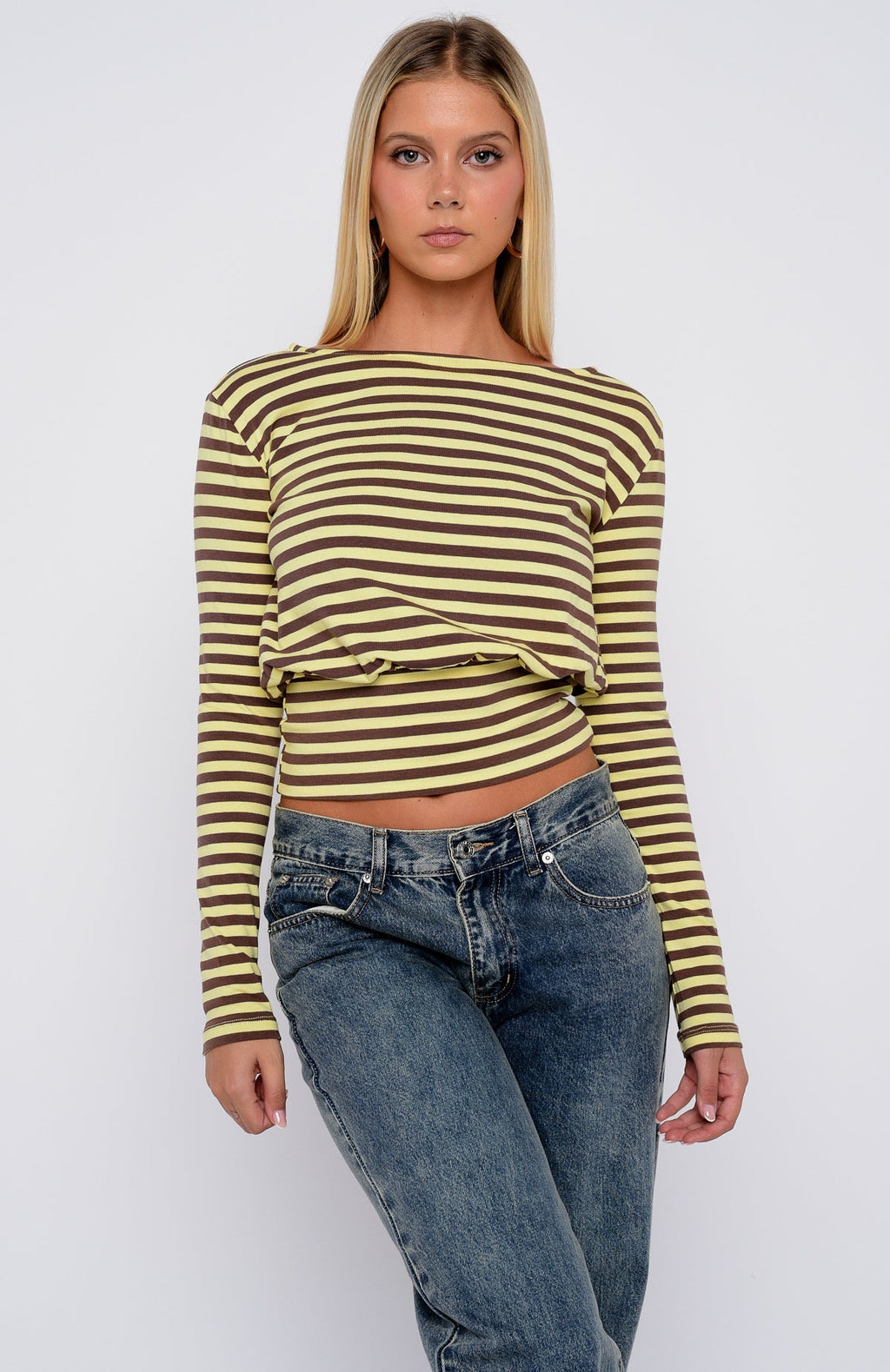 White Fox Catch My Heart Cinched Waist Long Sleeve Top Chocolate/Banana Stripe