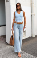 White Fox Big City Dreams Mid Rise Wide Leg Jeans Light Blue Wash