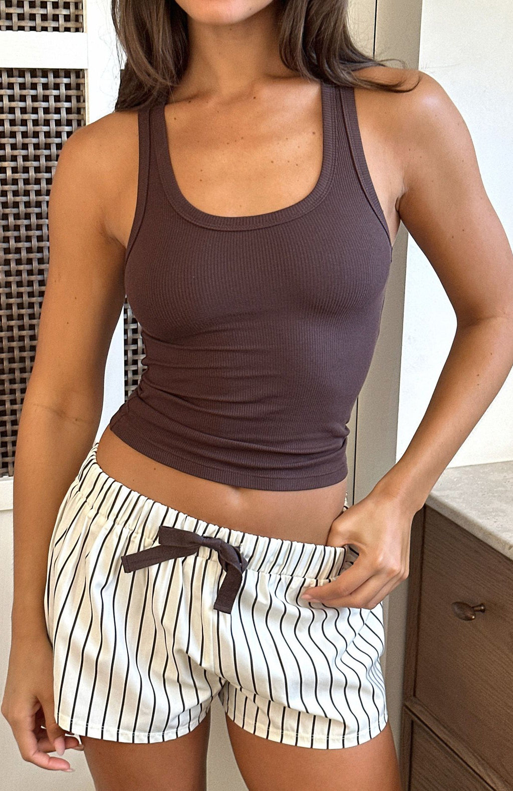White Fox Sweetheart Pyjama Short Cream/Choc Stripe