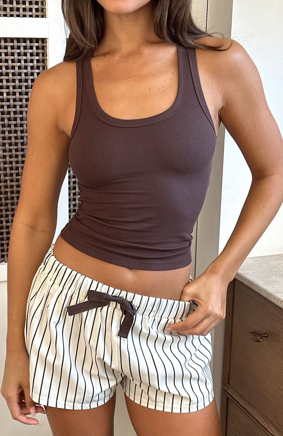 White Fox Sweetheart Pyjama Short Cream/Choc Stripe