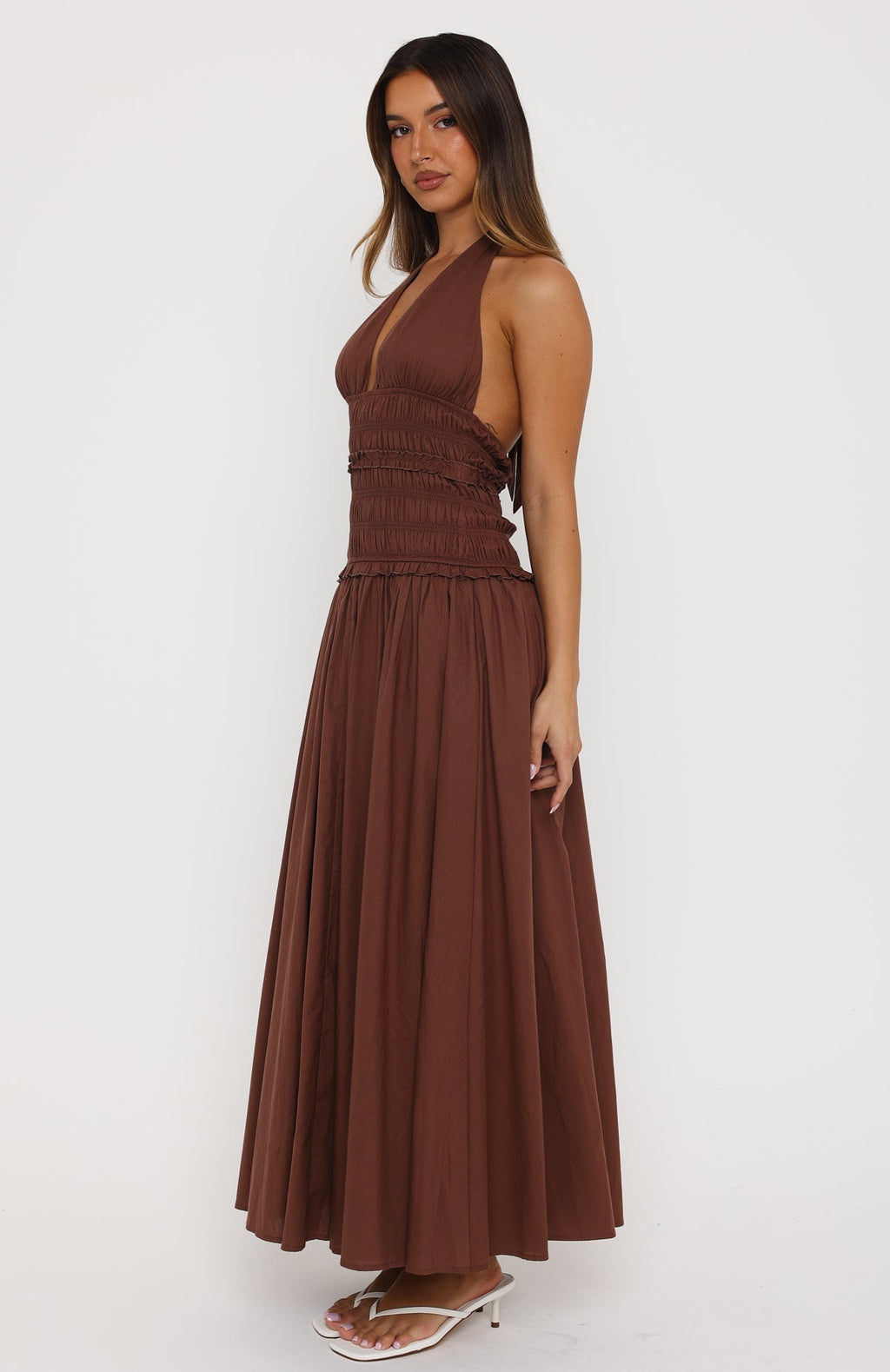 White Fox Lucky Enough Halter Maxi Dress Dark Chocolate