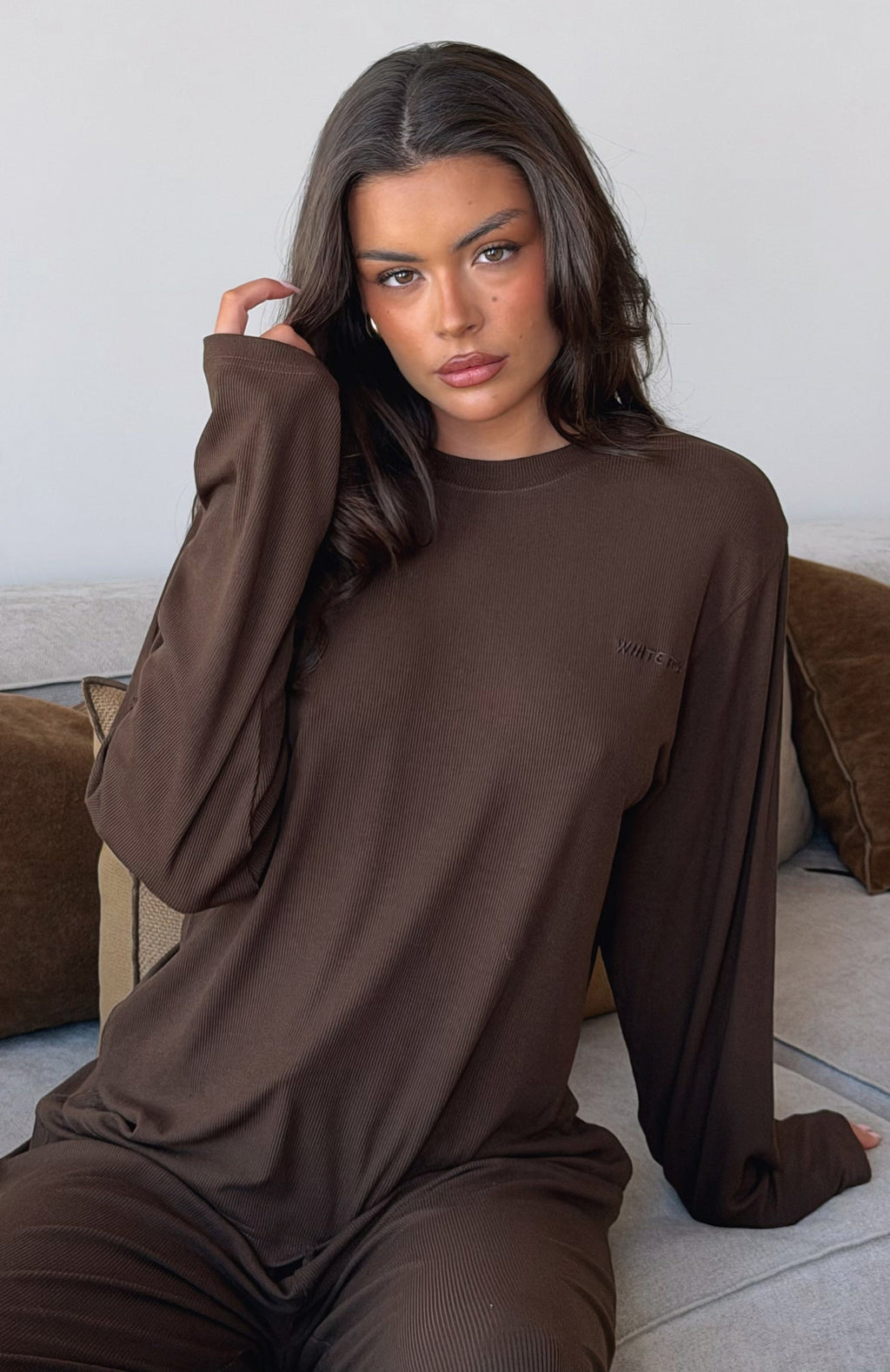 White Fox Come A Long Way Soft Lounge Long Sleeve Ribbed Tee Chocolate