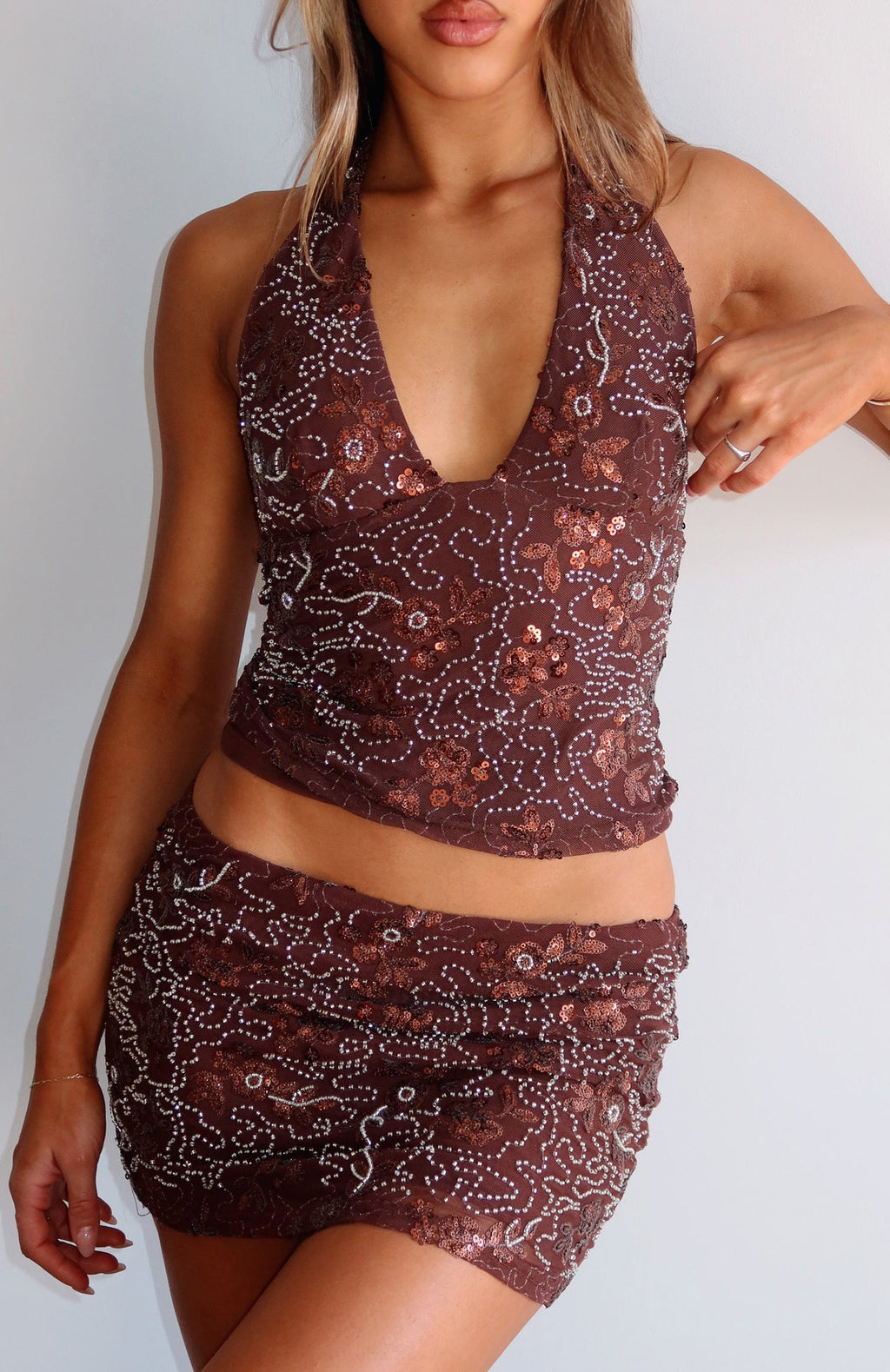 White Fox Capri Cove Beaded Mini Skirt Chocolate