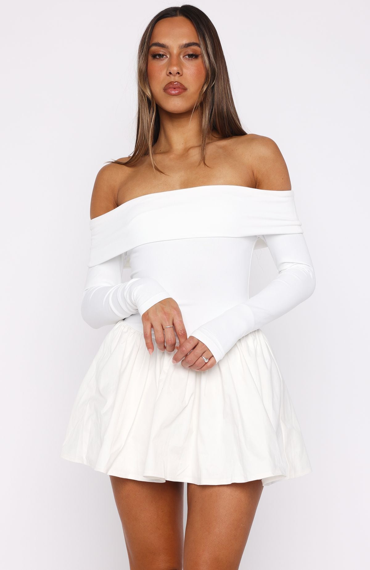 White Fox Big Reveal Long Sleeve Mini Dress Off White