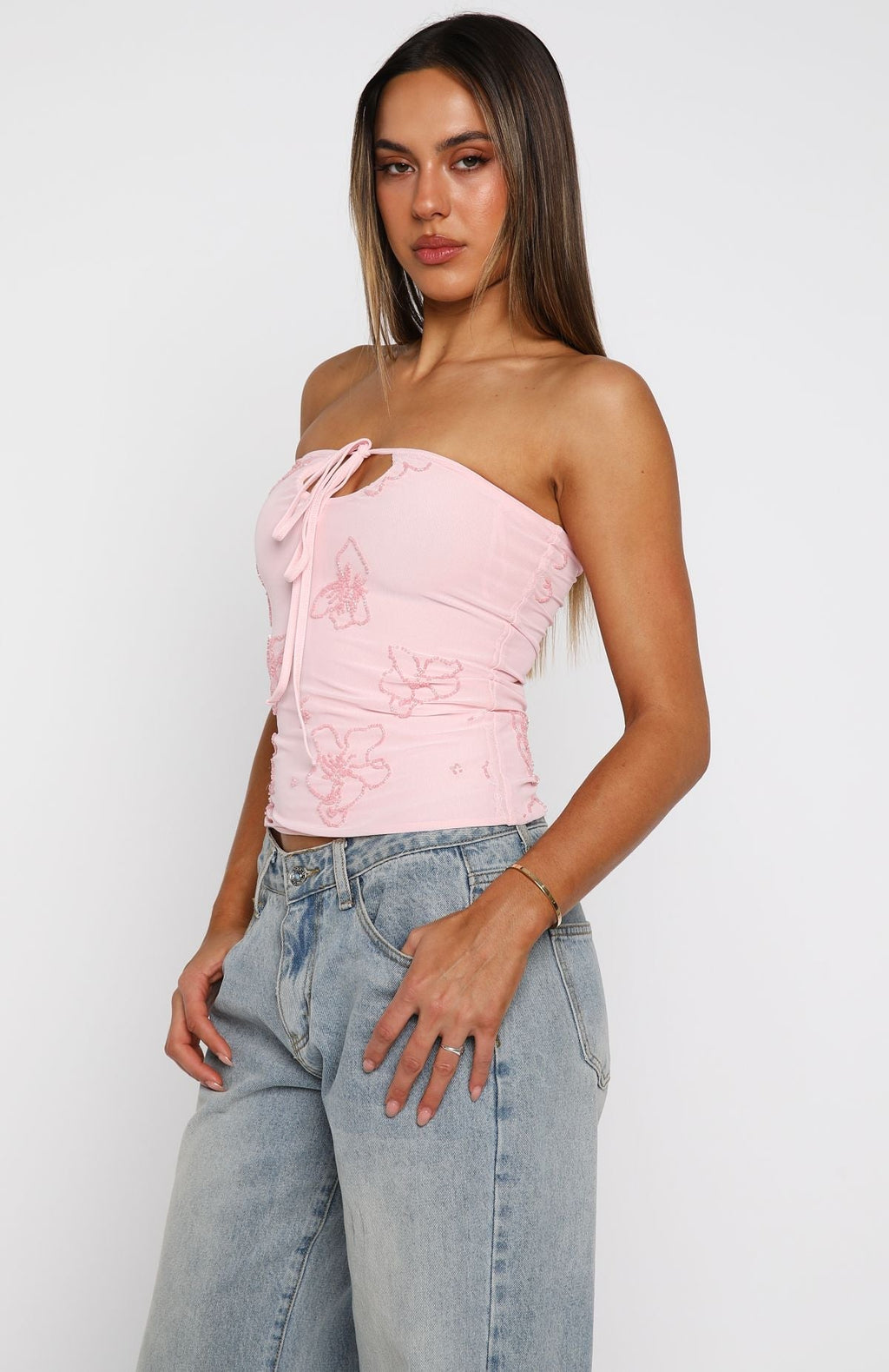 White Fox Glow Season Beaded Strapless Top Baby Pink