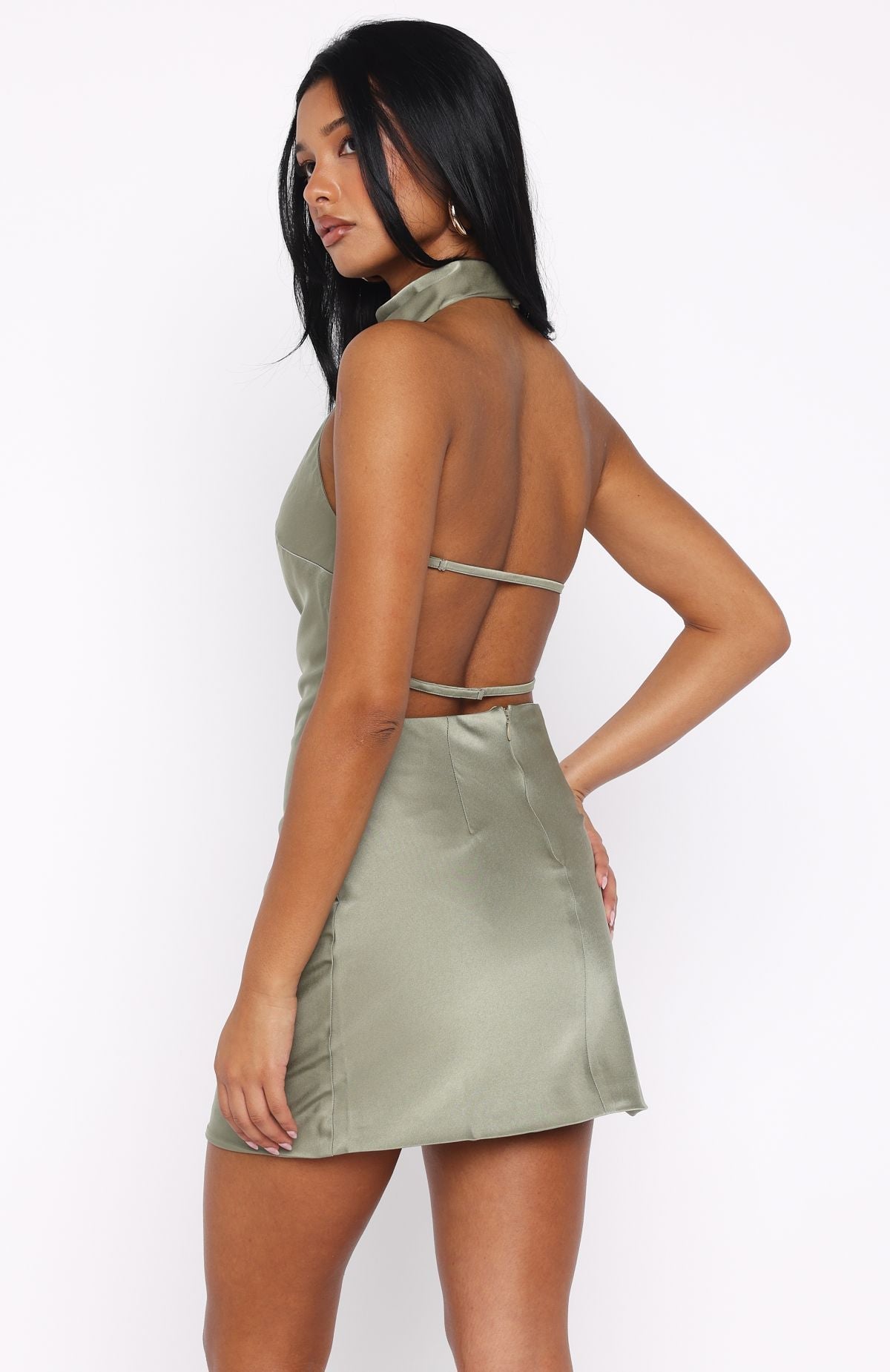White Fox Just Small Talk Halter Mini Dress Khaki