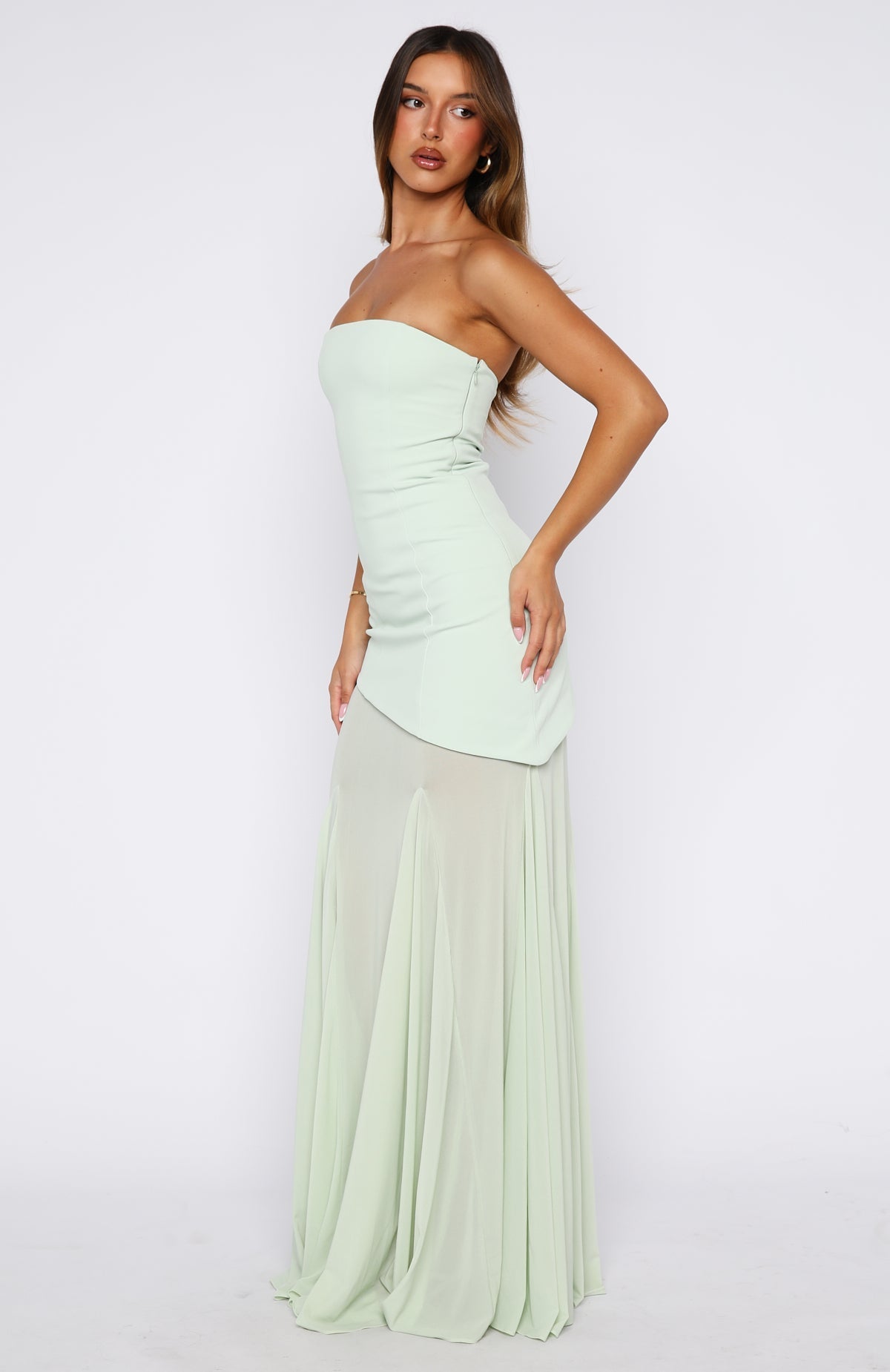White Fox Sending My Best Strapless Maxi Dress Matcha
