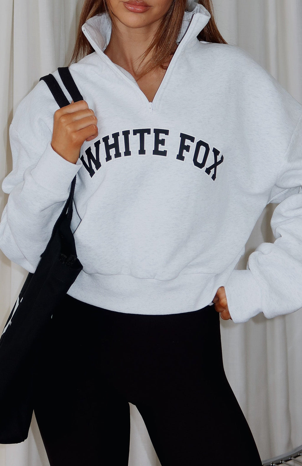 White Fox Let The Bells Ring Cropped Quarter Zip Sweater Grey Marle