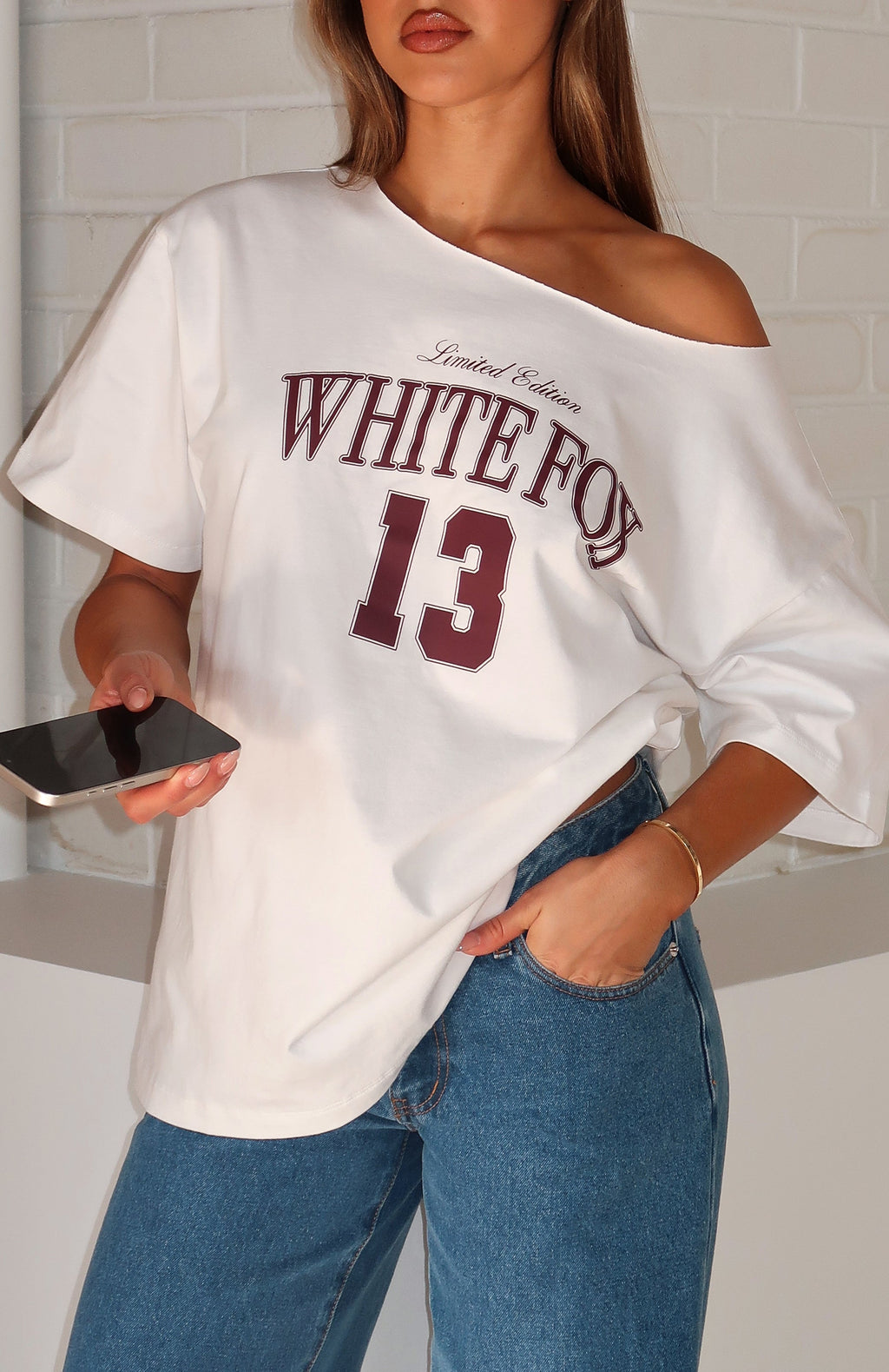 White Fox Everything In Time Off Shoulder Oversized Tee White