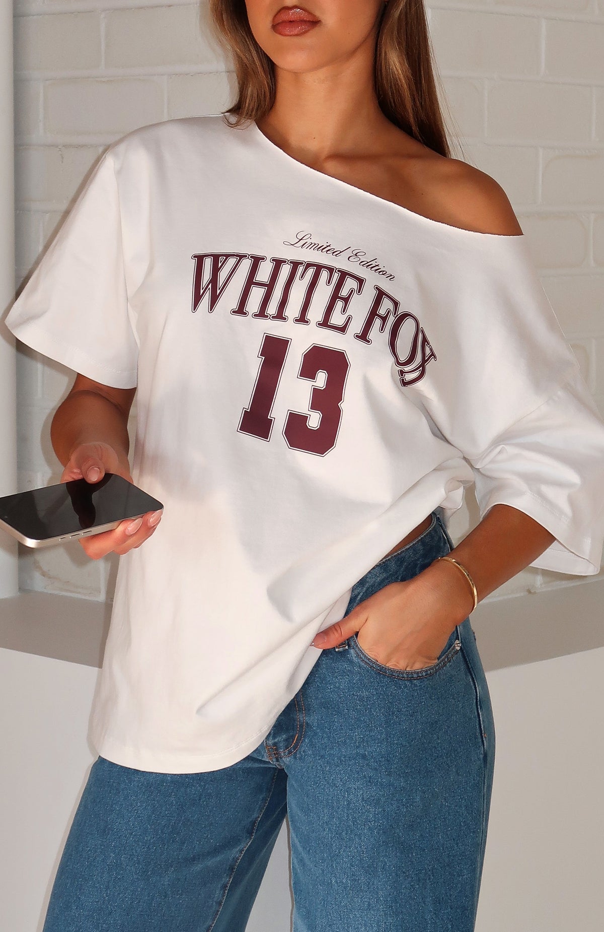 White Fox Everything In Time Off Shoulder Oversized Tee White