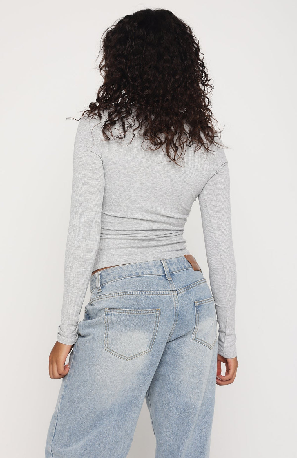 White Fox Serenade Her Ribbed Long Sleeve Top Light Grey Marle