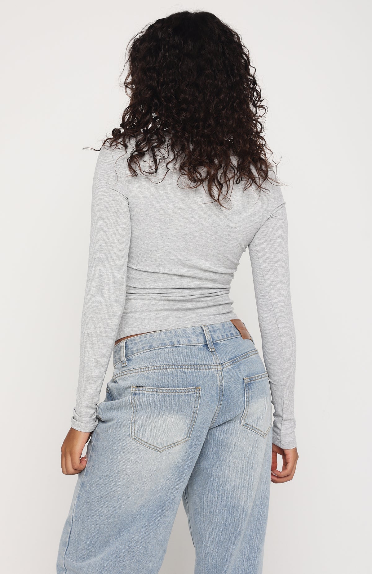 White Fox Serenade Her Ribbed Long Sleeve Top Light Grey Marle