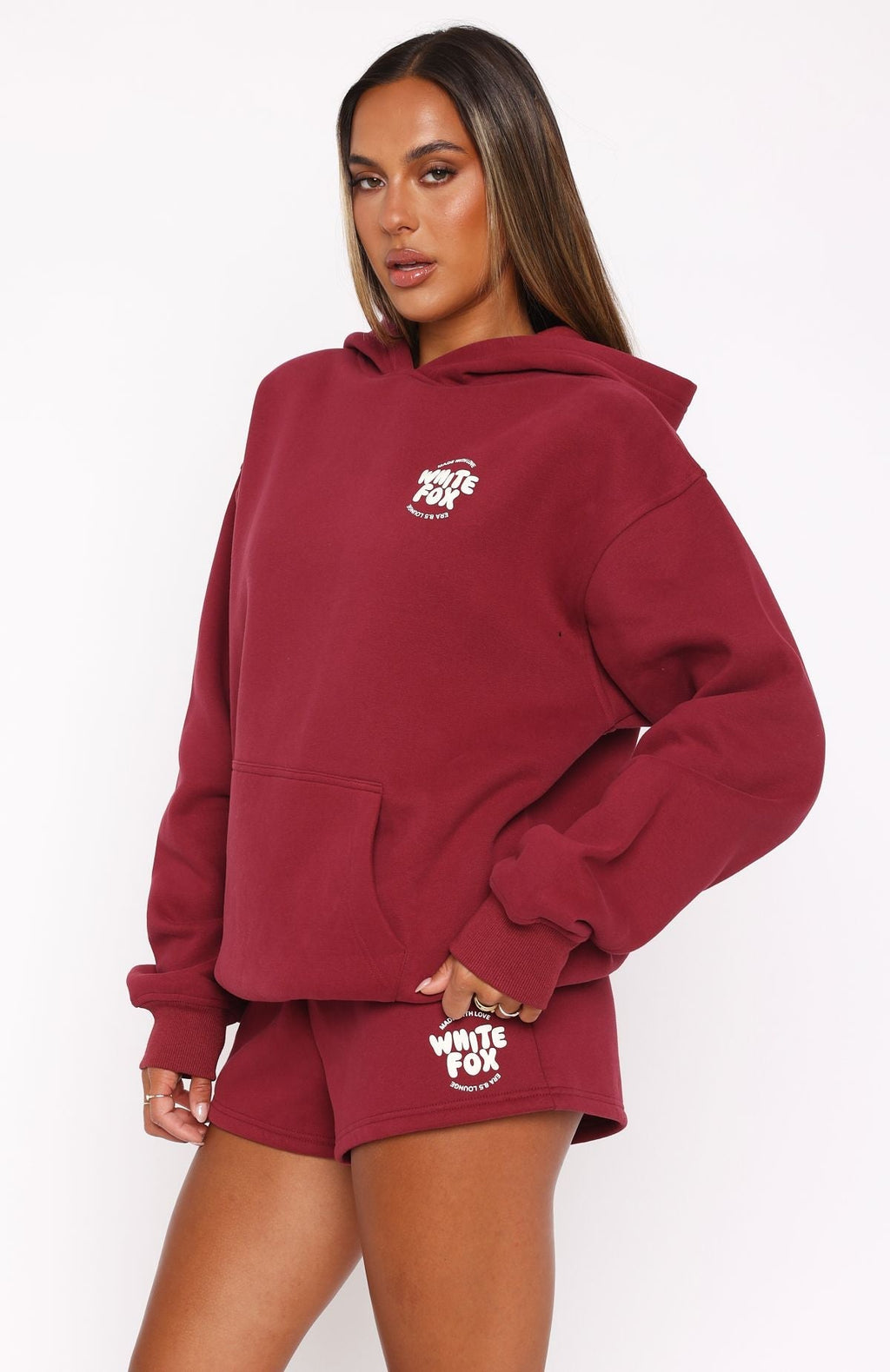 White Fox With Love For You Oversized Hoodie Burgundy