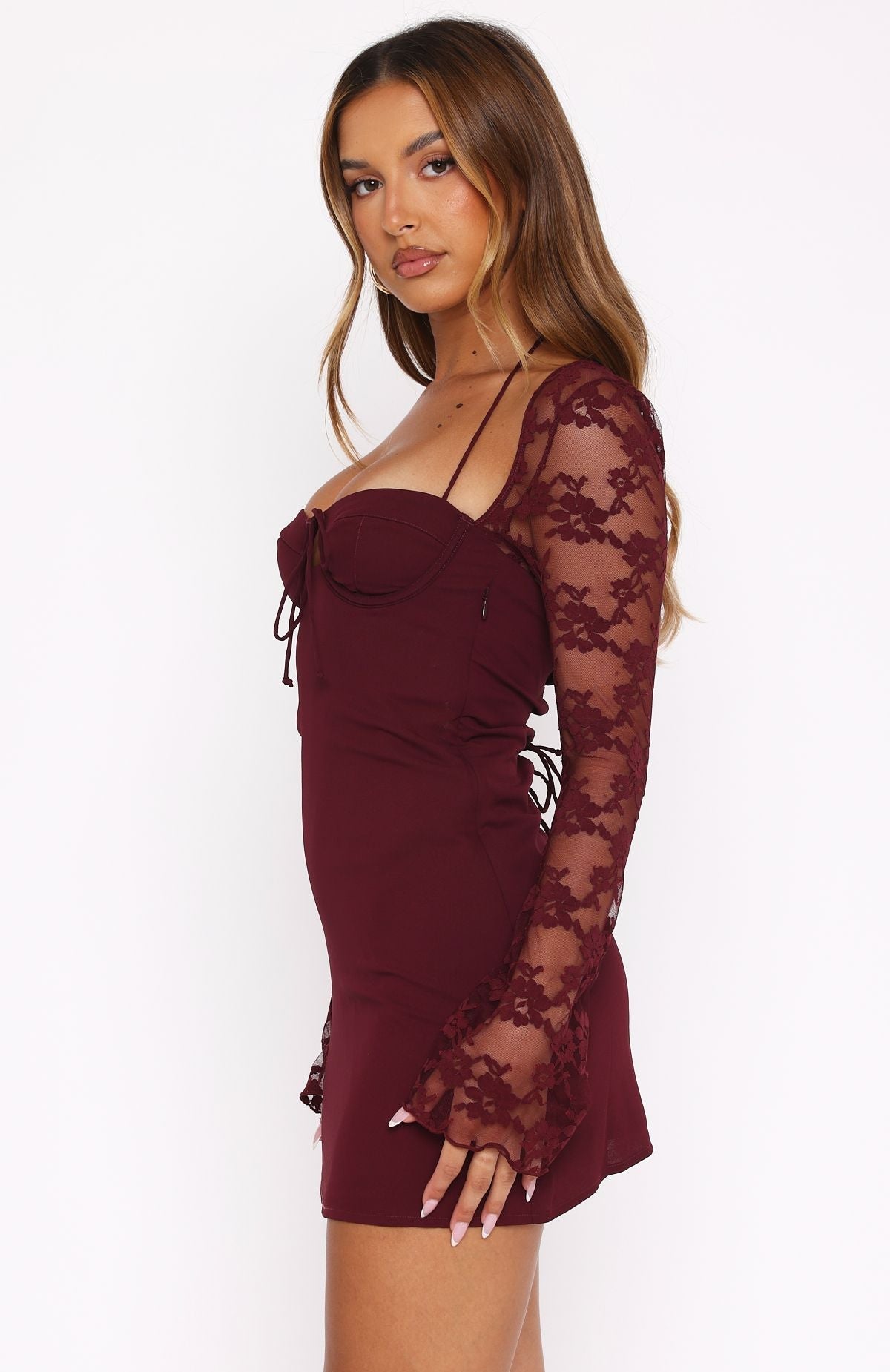 White Fox Won't Hide Long Sleeve Mini Dress Wine