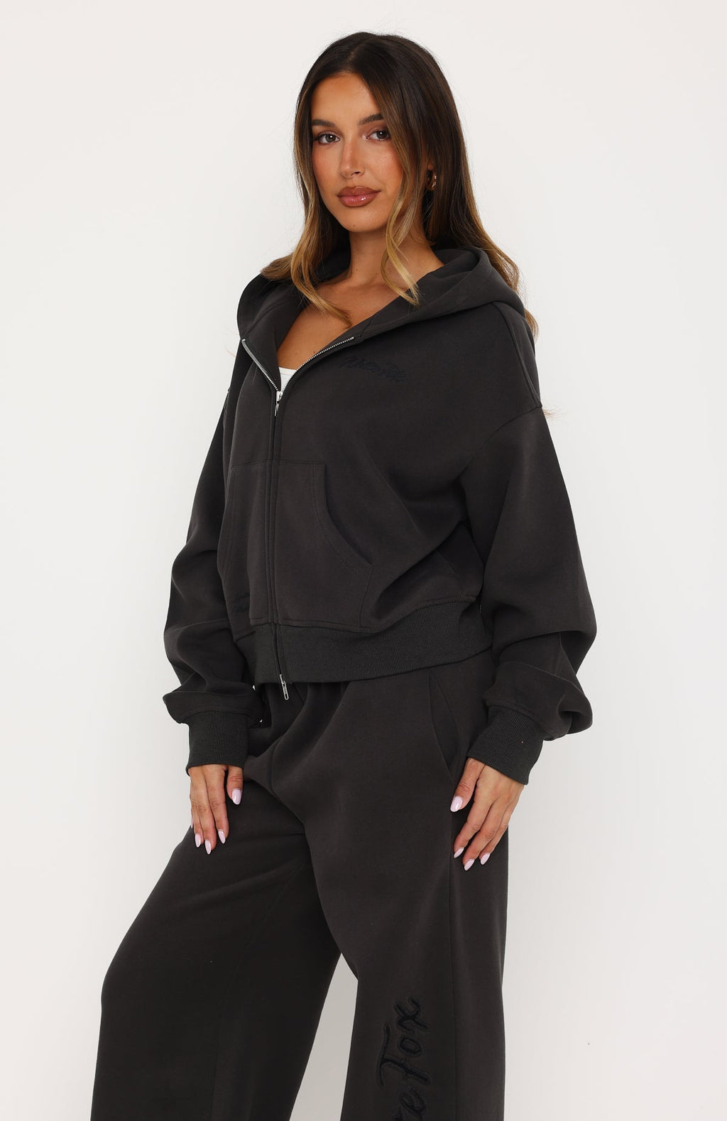 White Fox Studio 17 Willa Boxy Zip Front Hoodie Charcoal