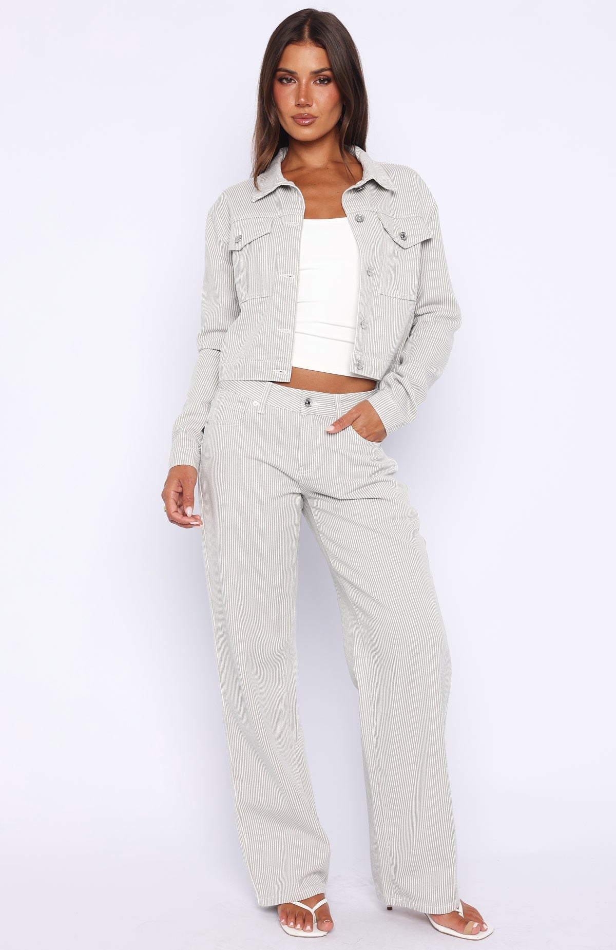 White Fox Bring The Style Low Rise Wide Leg Jeans Grey/White