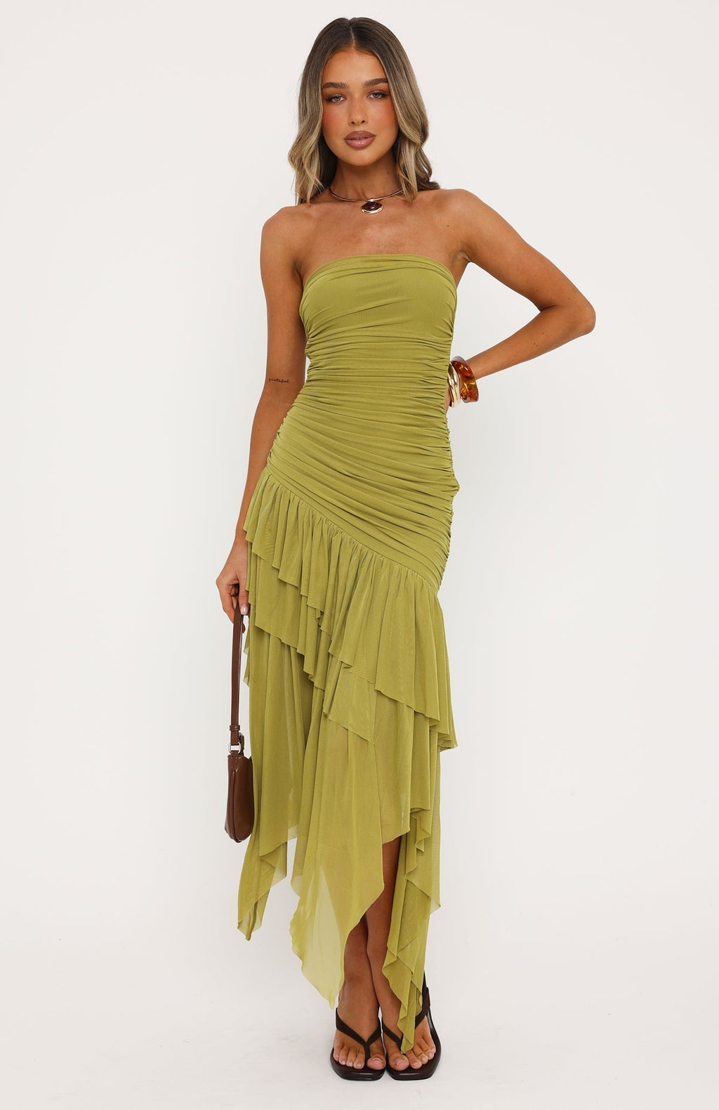 White Fox Venetian Dreams Strapless Midi Dress Matcha