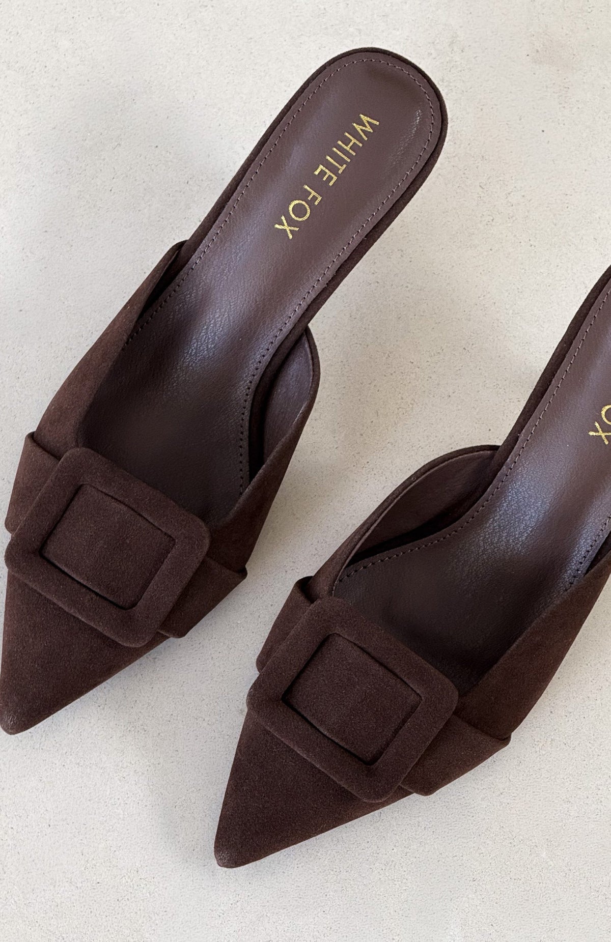 White Fox Domino Heels Chocolate Faux Suede