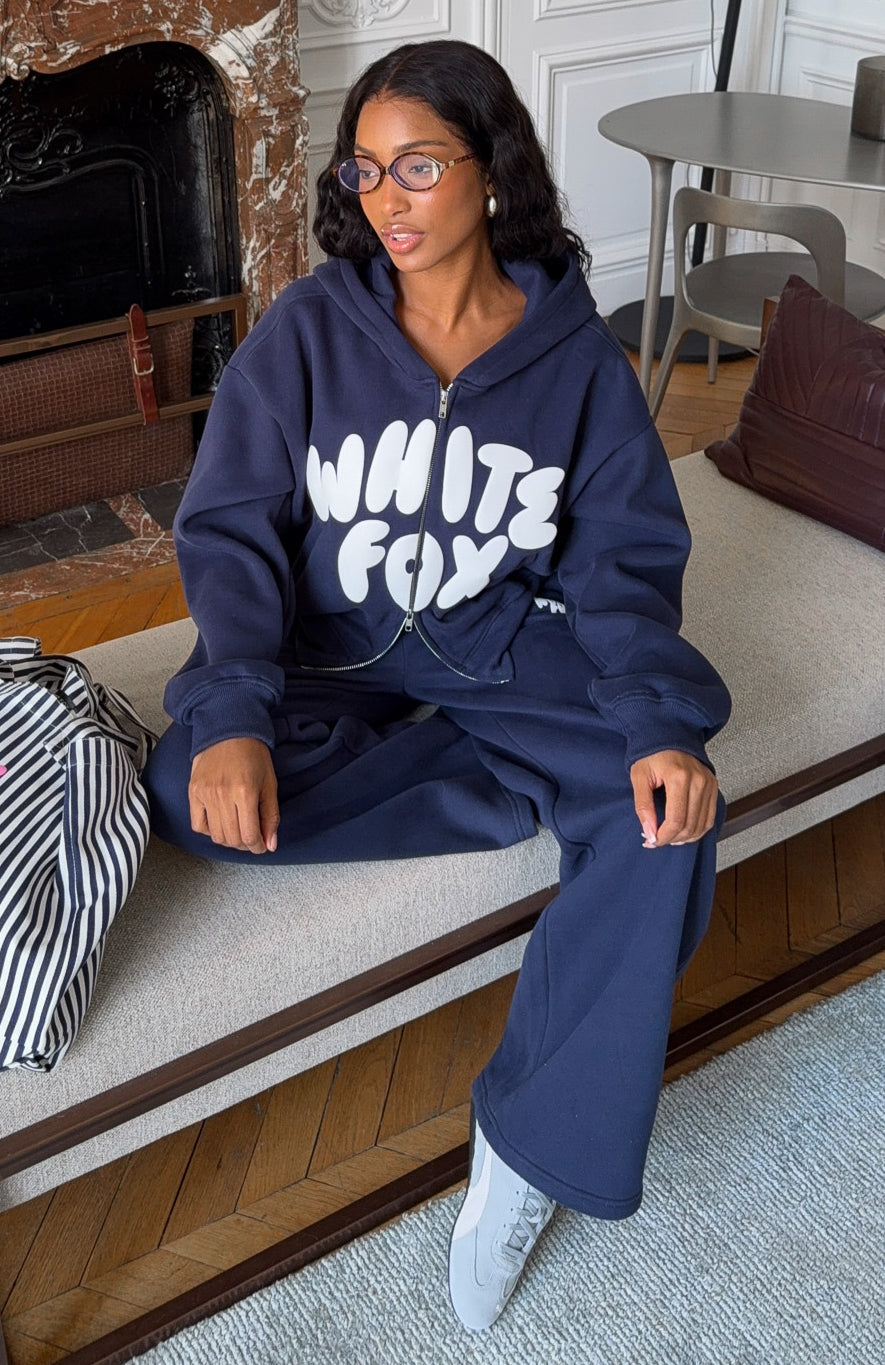 White Fox Club 14 Allie Boxy Zip Front Hoodie Navy