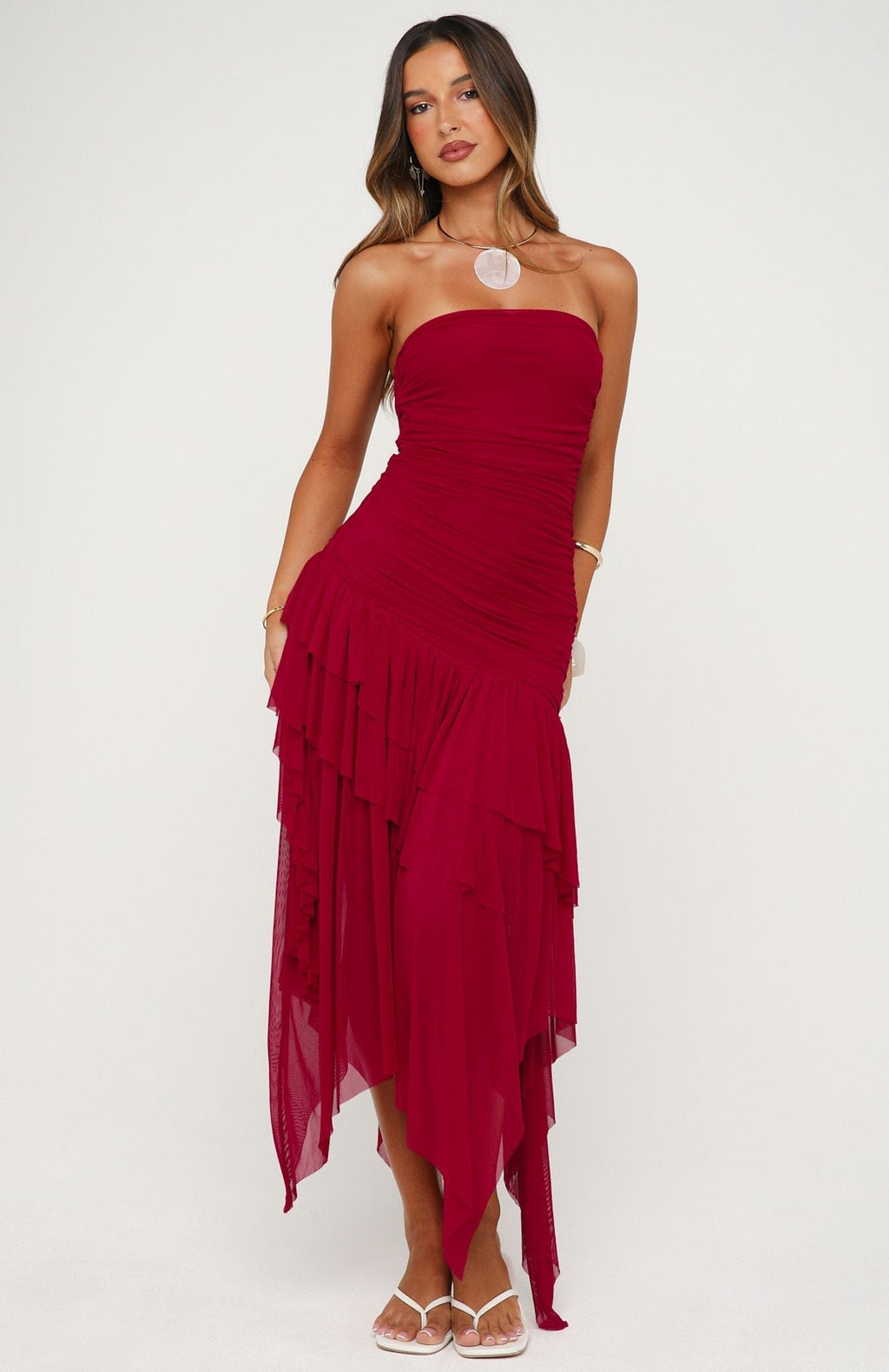 White Fox Venetian Dreams Strapless Midi Dress Dragonfruit
