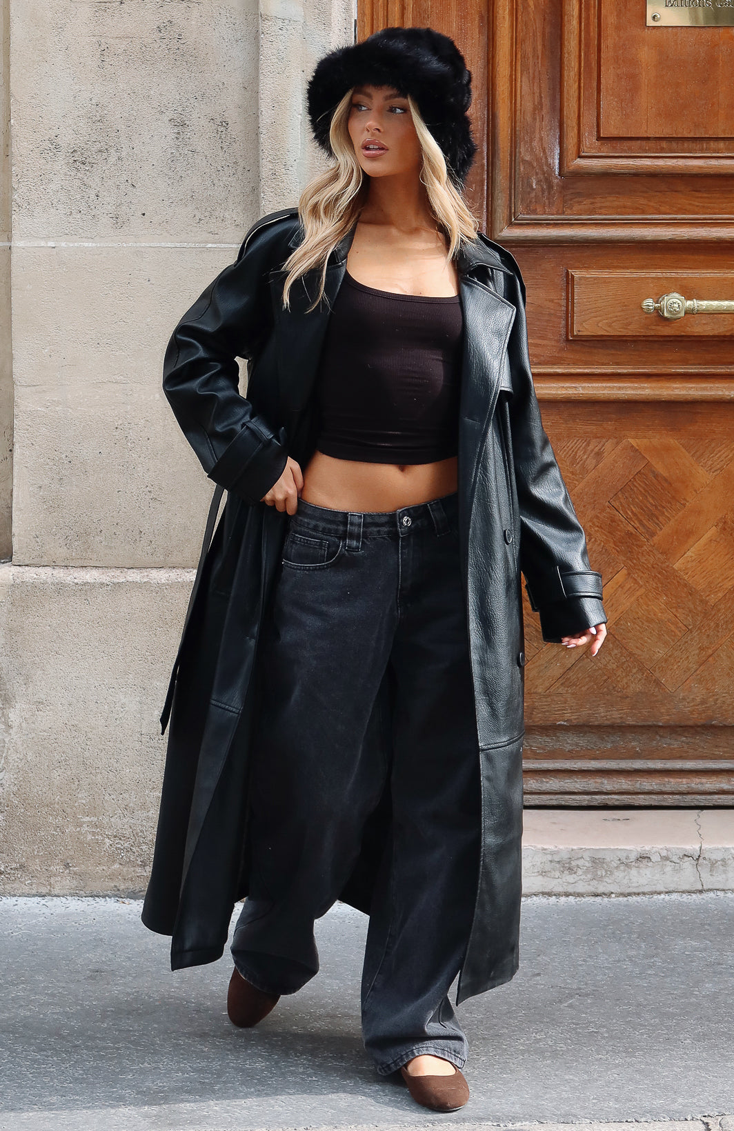 White Fox Do I Ever PU Trench Coat Black