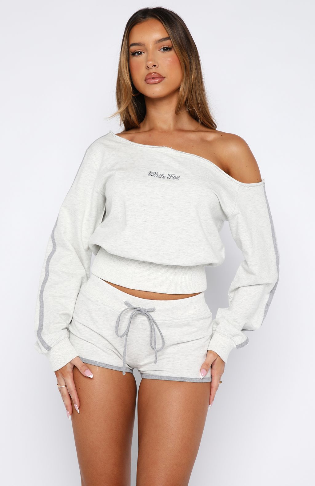 White Fox High Roller Off Shoulder Long Sleeve Sweater Grey Marle