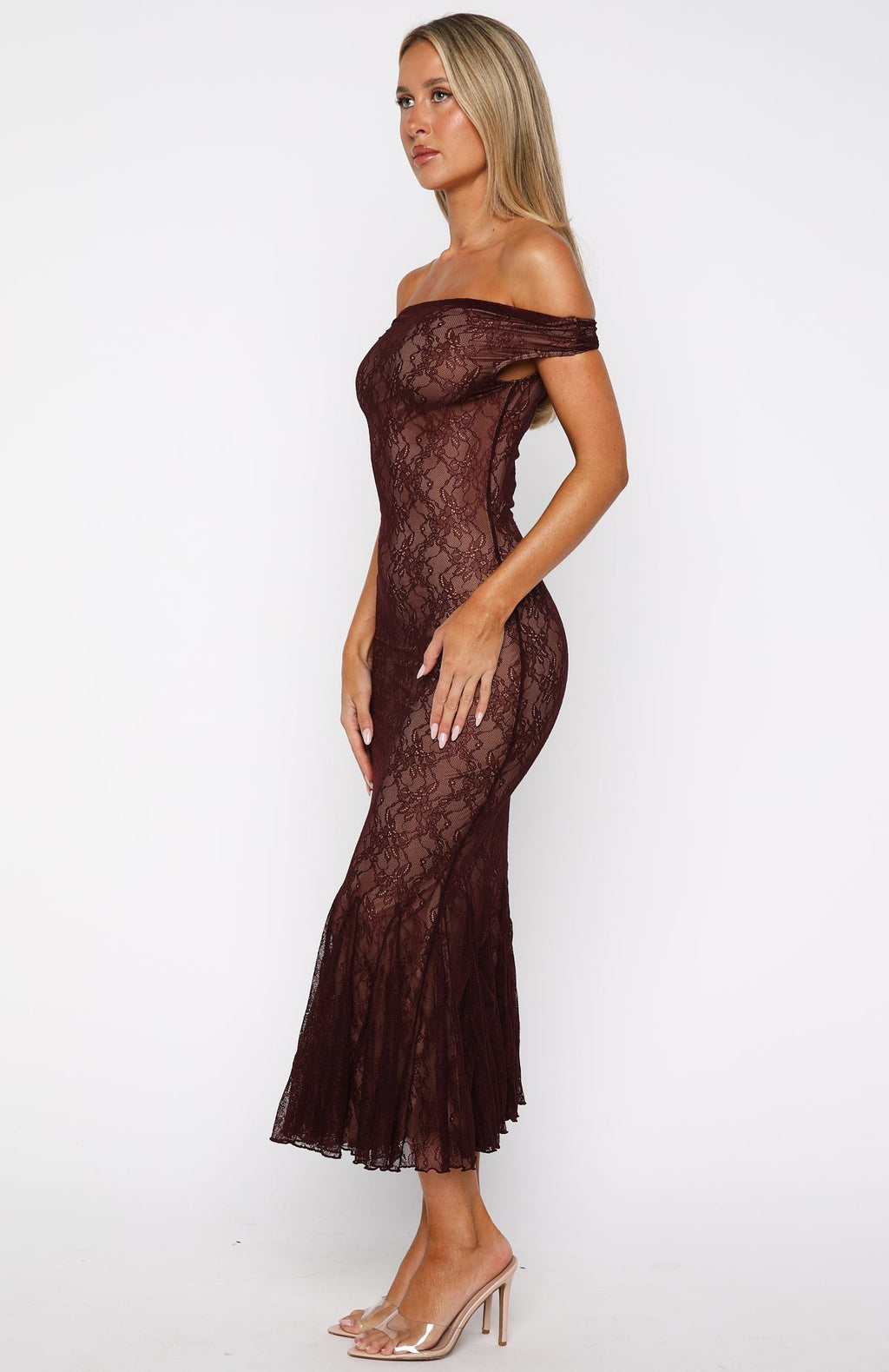 White Fox Defied The Odds Off Shoulder Lace Maxi Dress Wine