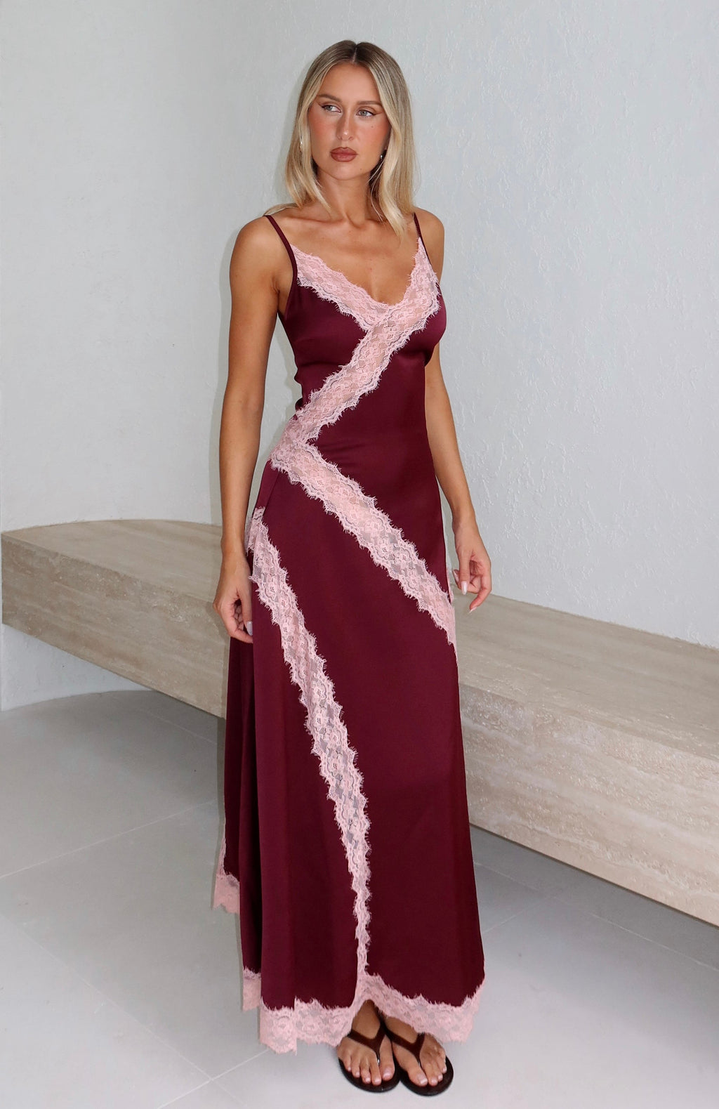 White Fox Powerful Pose Satin Maxi Dress Plum/Baby Pink