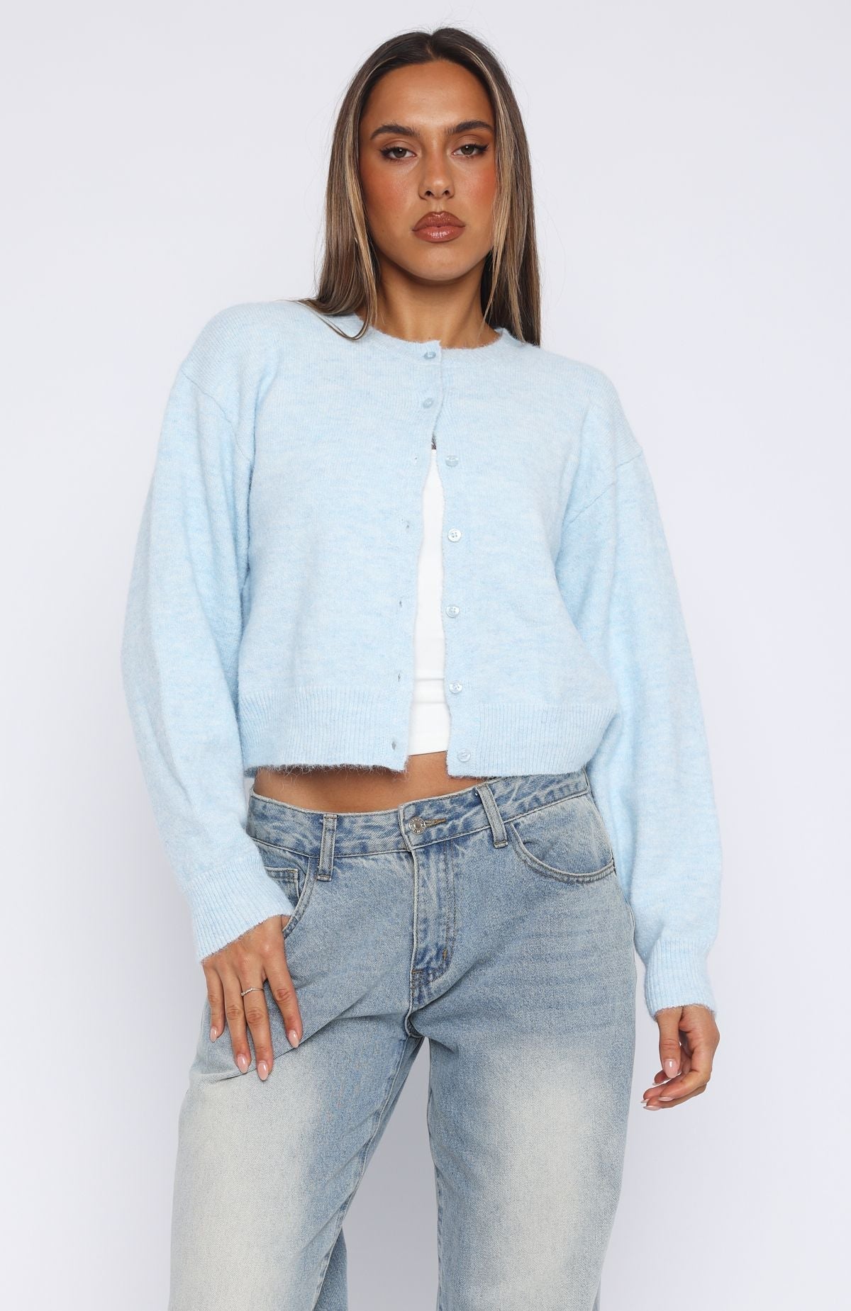 White Fox Warm Whispers Knit Cardigan Baby Blue
