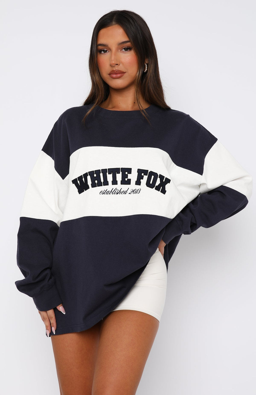White Fox Need You More Long Sleeve Oversized Tee Navy