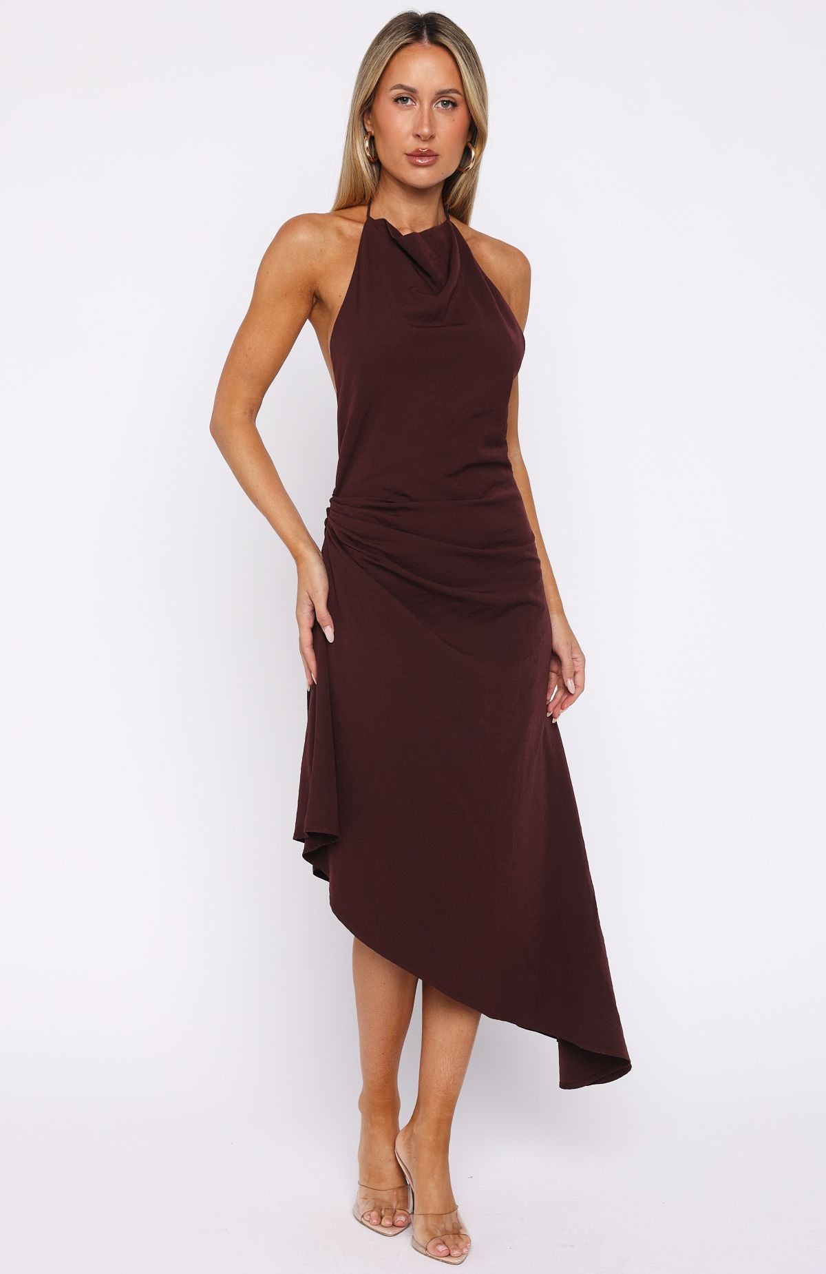 White Fox Night Hustle Halter Midi Dress Burgundy