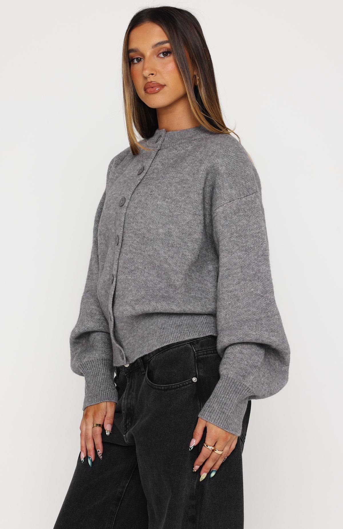 White Fox Filipa Knit Cardigan Grey Marle