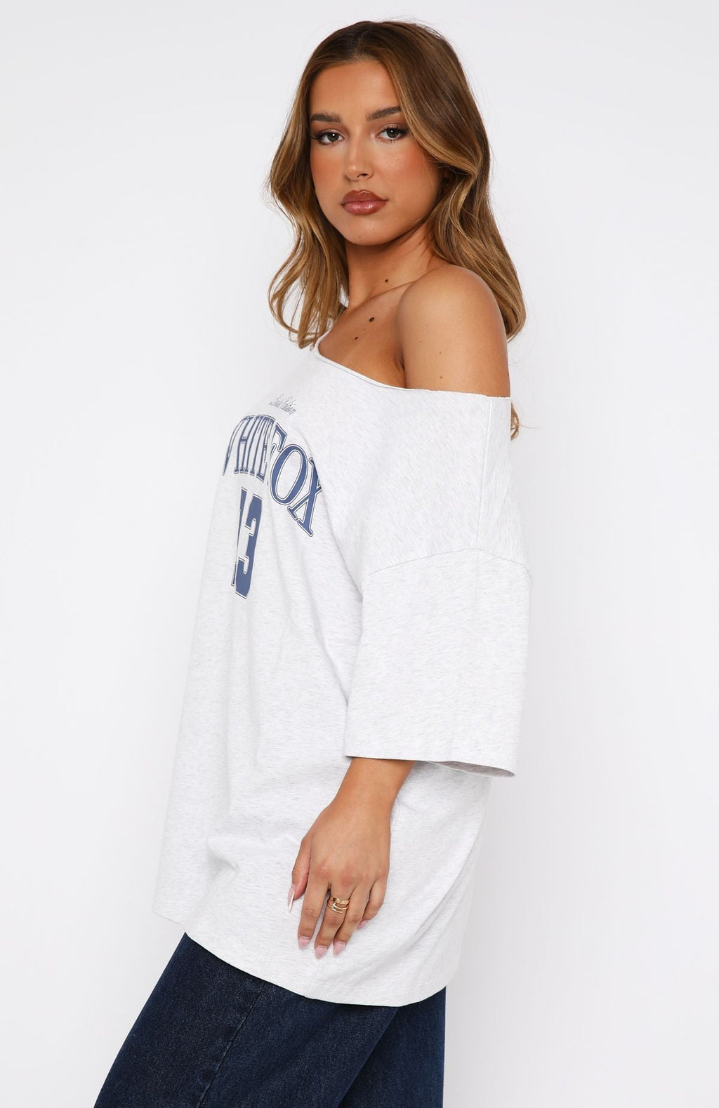 White Fox Everything In Time Off Shoulder Oversized Tee Grey Marle