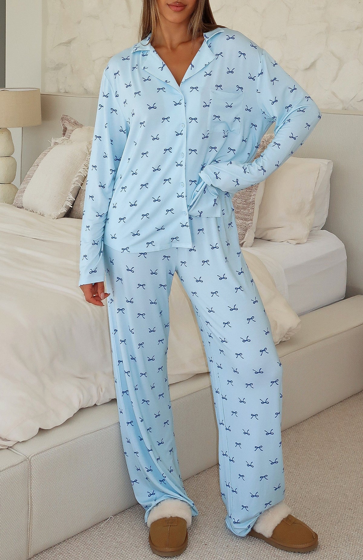 White Fox Pillow Talk Printed Long Sleeve Pyjama Set Sky Ribbons