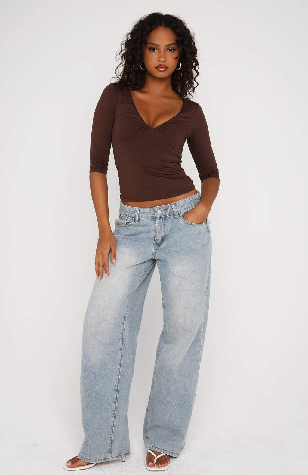 White Fox Little Bit Of Everything 3/4 Sleeve V Neck Top Chocolate