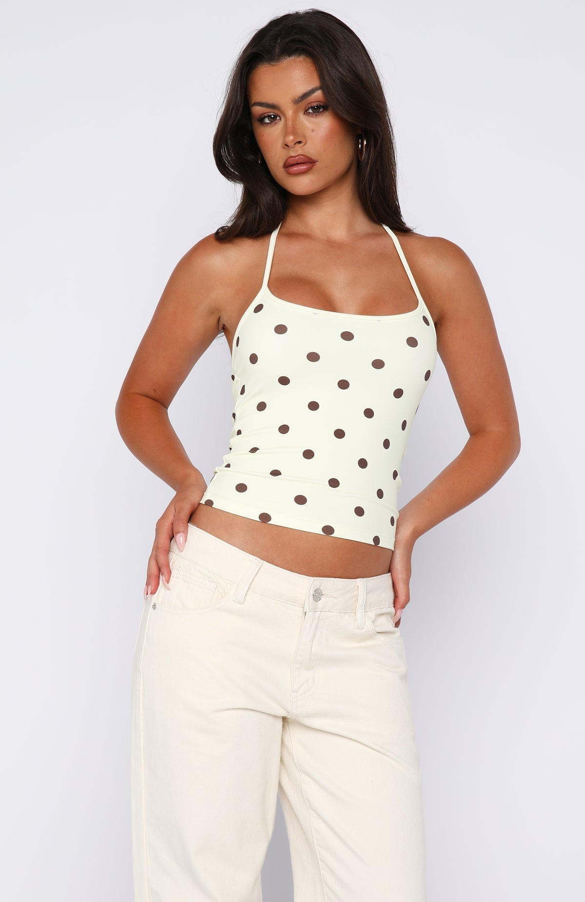 White Fox Poker Face Halter Top Chocolate/Banana Polka Dot