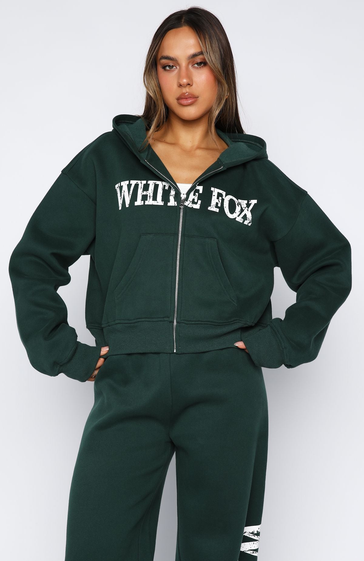 White Fox Brand New Start Boxy Zip Front Hoodie Forest Green
