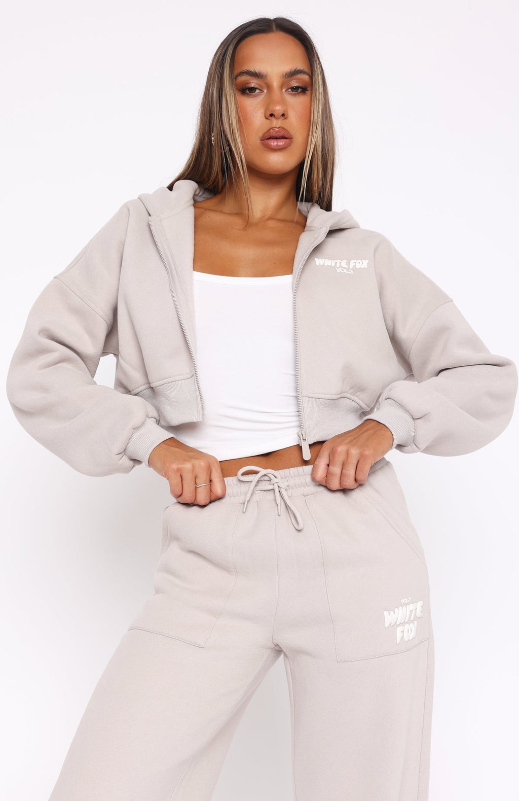White Fox Offstage Cropped Zip Hoodie Moon