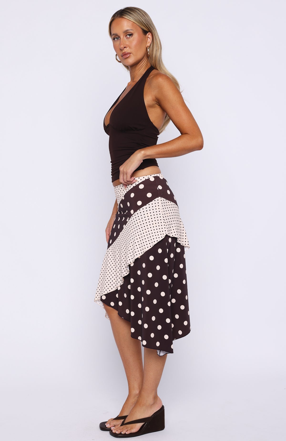 White Fox Offline Forever Midi Skirt Choc/Cream Polka Dot