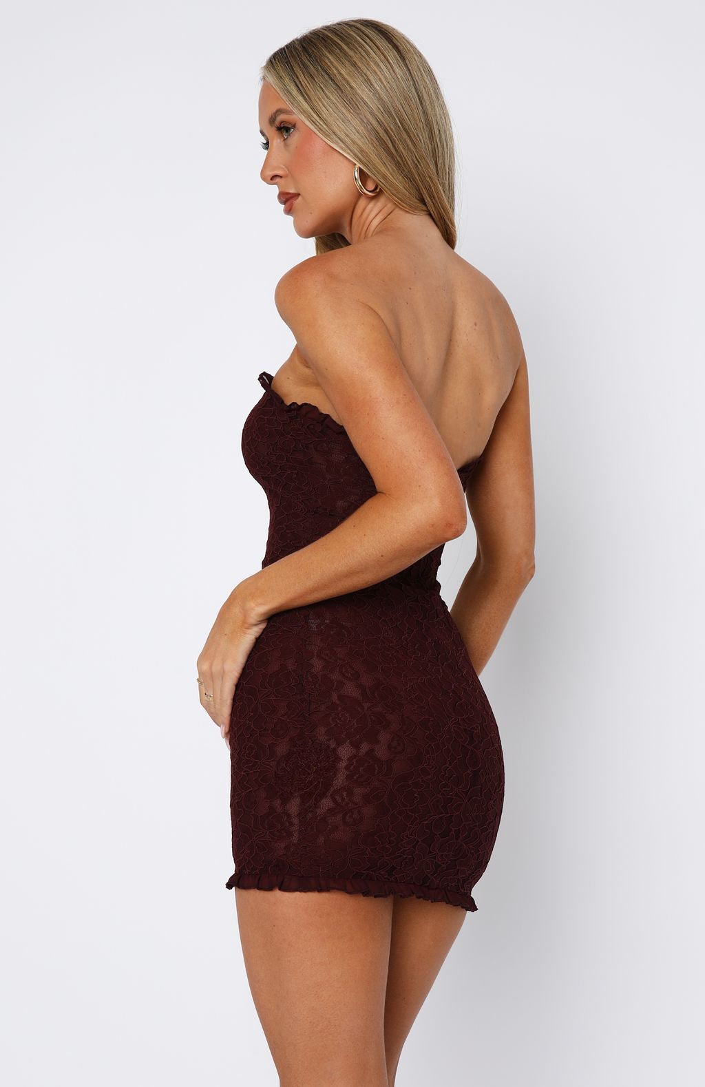 White Fox Mistress Strapless Lace Mini Dress Burgundy