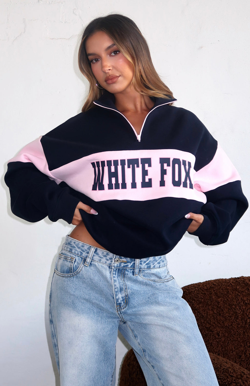 White Fox Show Yourself Zip Front Sweater Navy