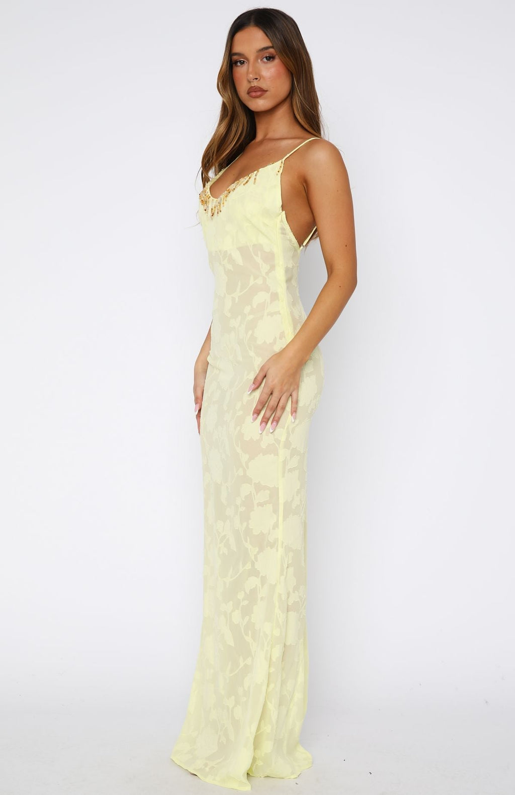 White Fox Lust For Life Embellished Trim Maxi Dress Lemon