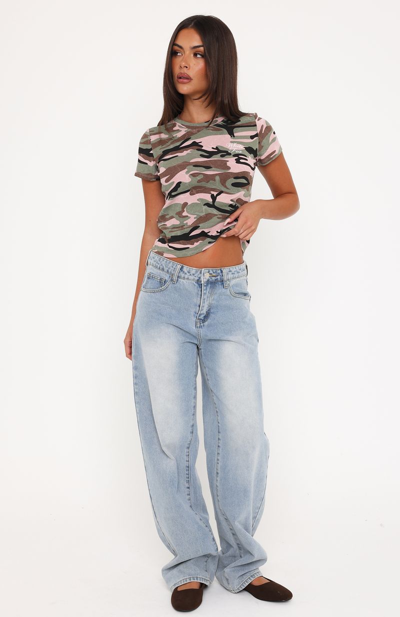 White Fox Keeping Track Relaxed Baby Tee Camo Print