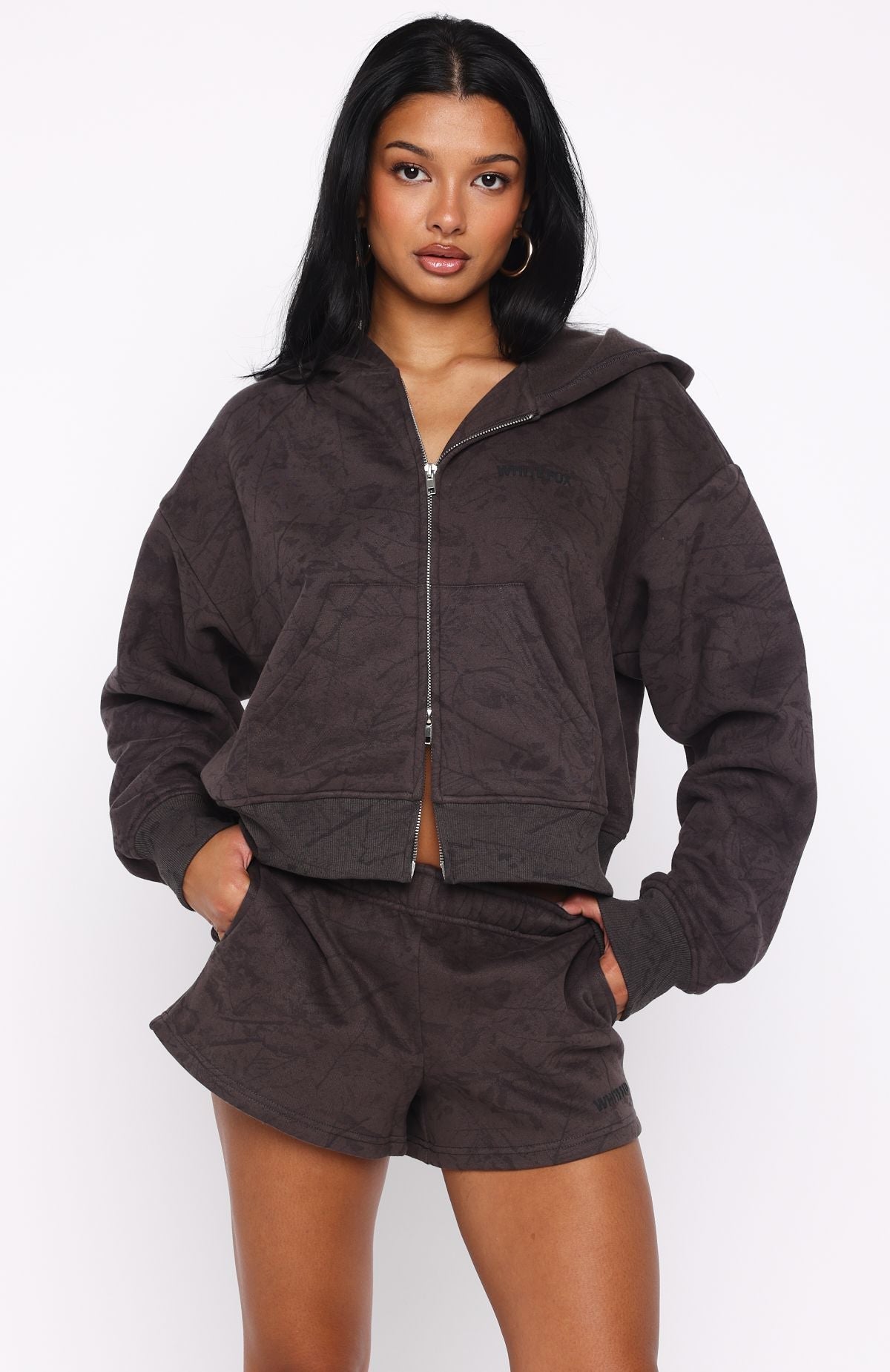 White Fox Hiding Away Boxy Zip Front Hoodie Dark Camo
