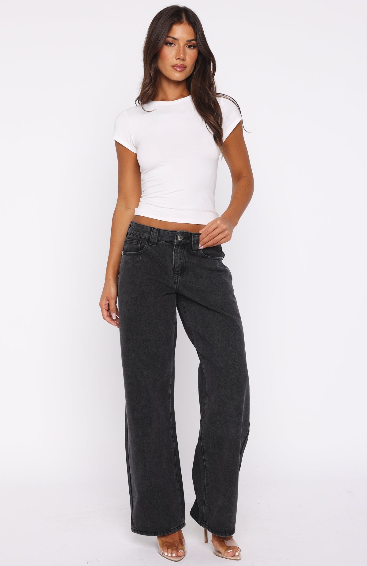 White Fox Clarissa Low Rise Wide Leg Jeans Black Acid