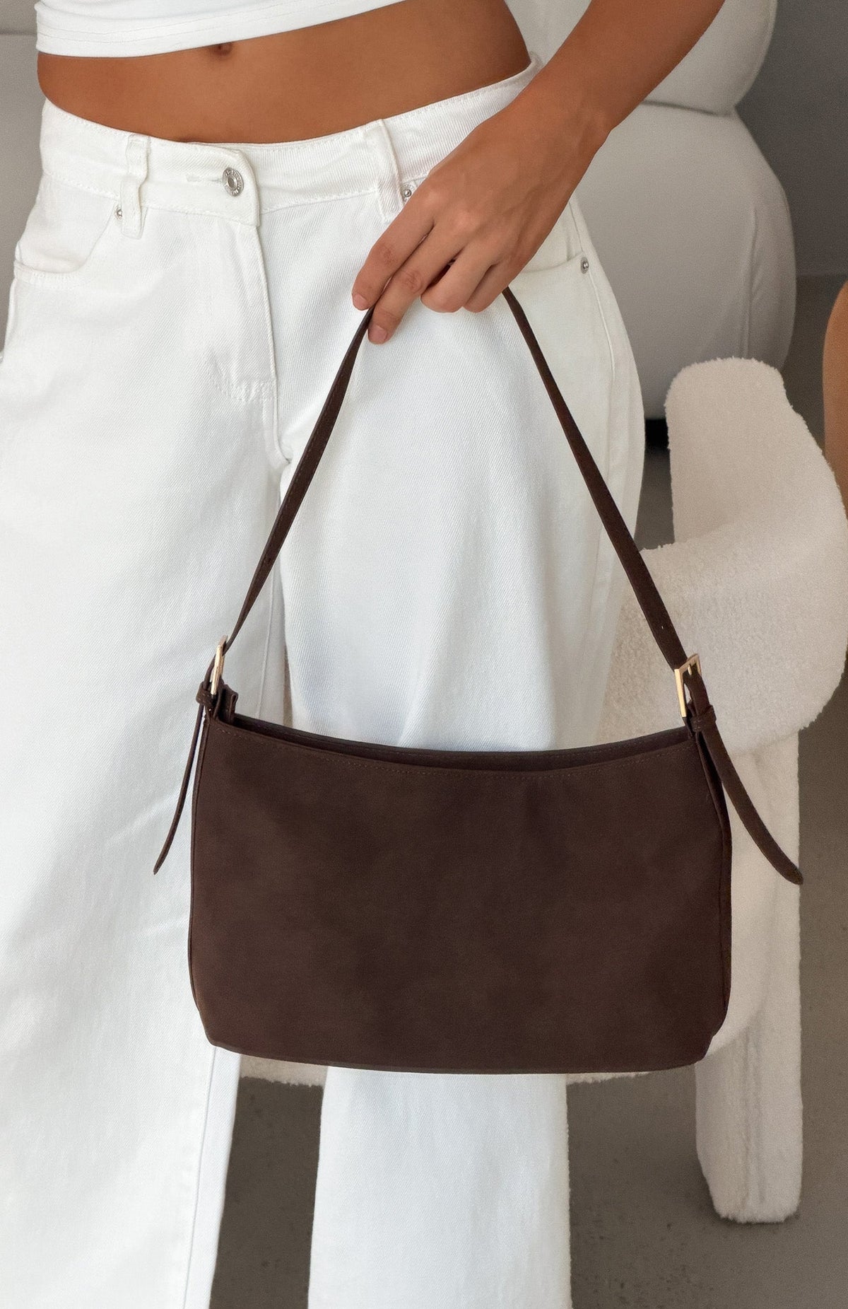 White Fox Ryker Shoulder Bag Dark Chocolate Faux Suede