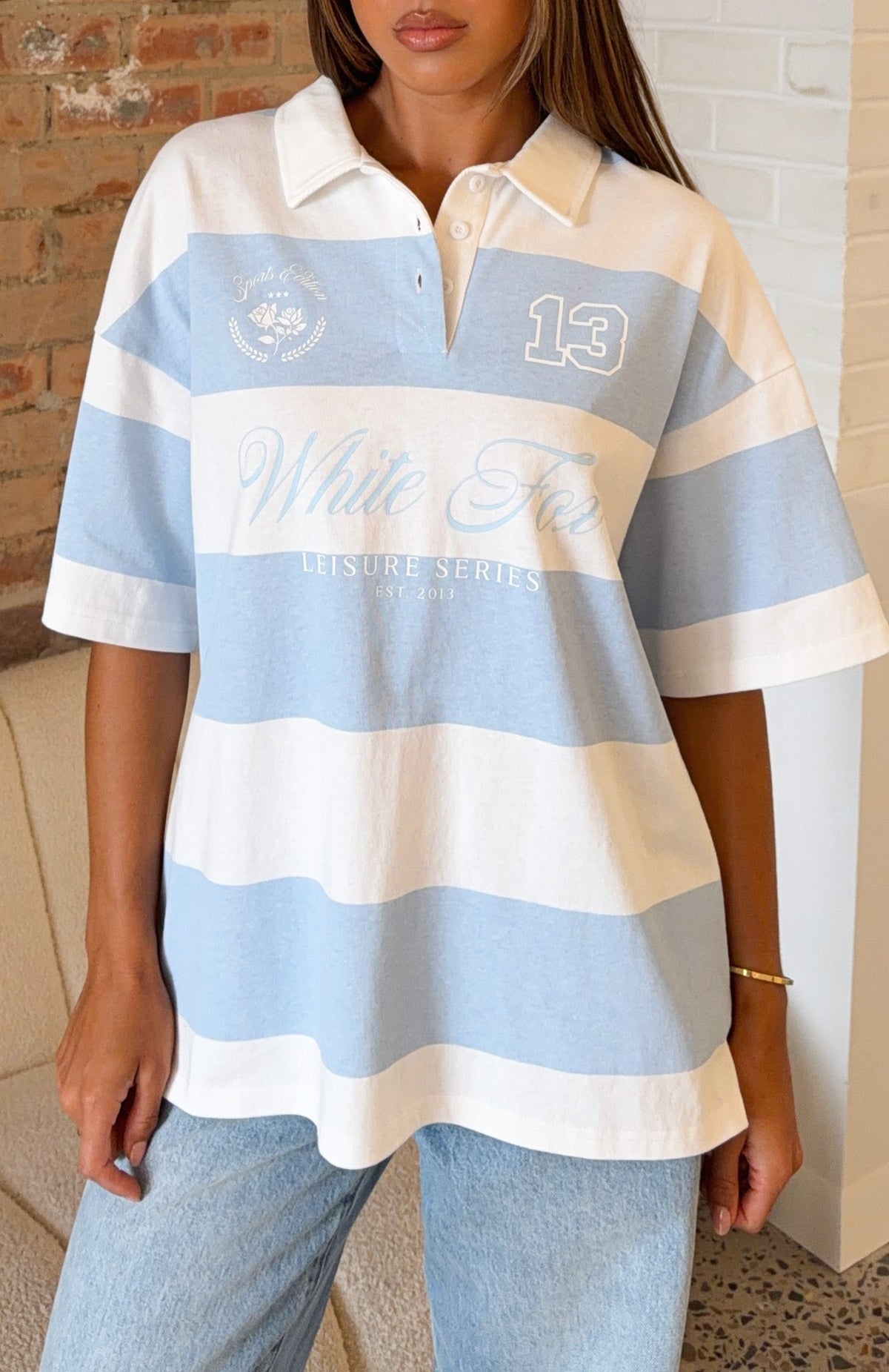 White Fox Catch A Wink Oversized Short Sleeve Rugby Shirt Blue / White Stripe