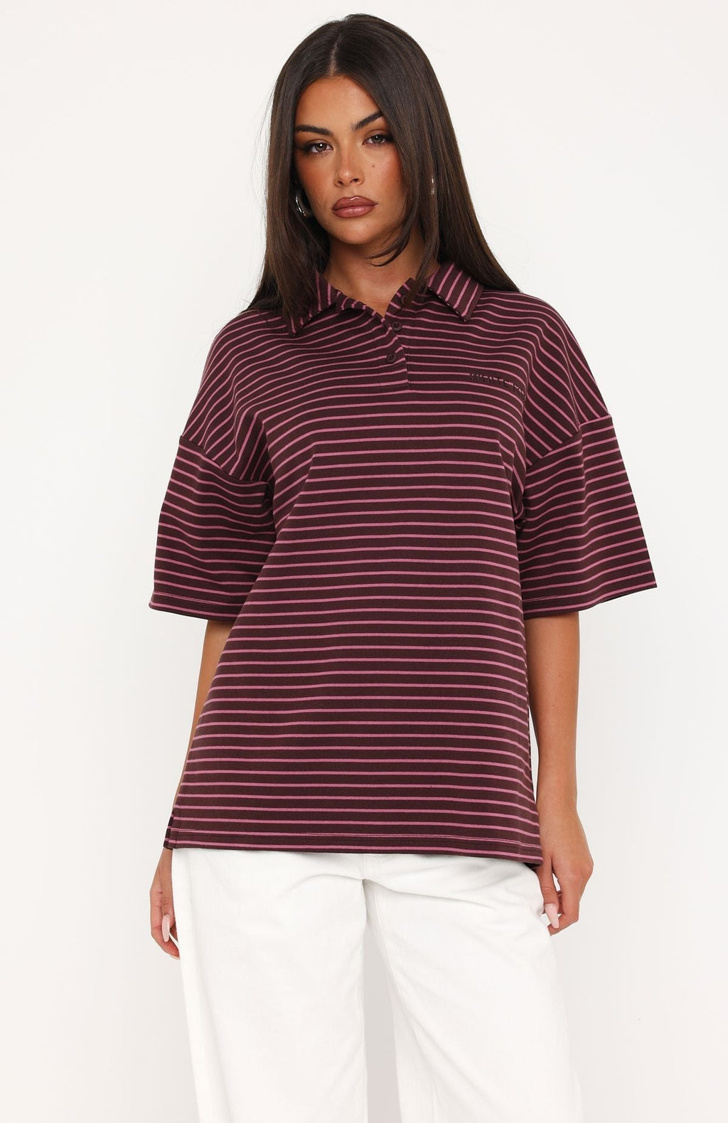 White Fox Pure Intent Oversized Short Sleeve Polo Shirt Choc / Pink Stripe