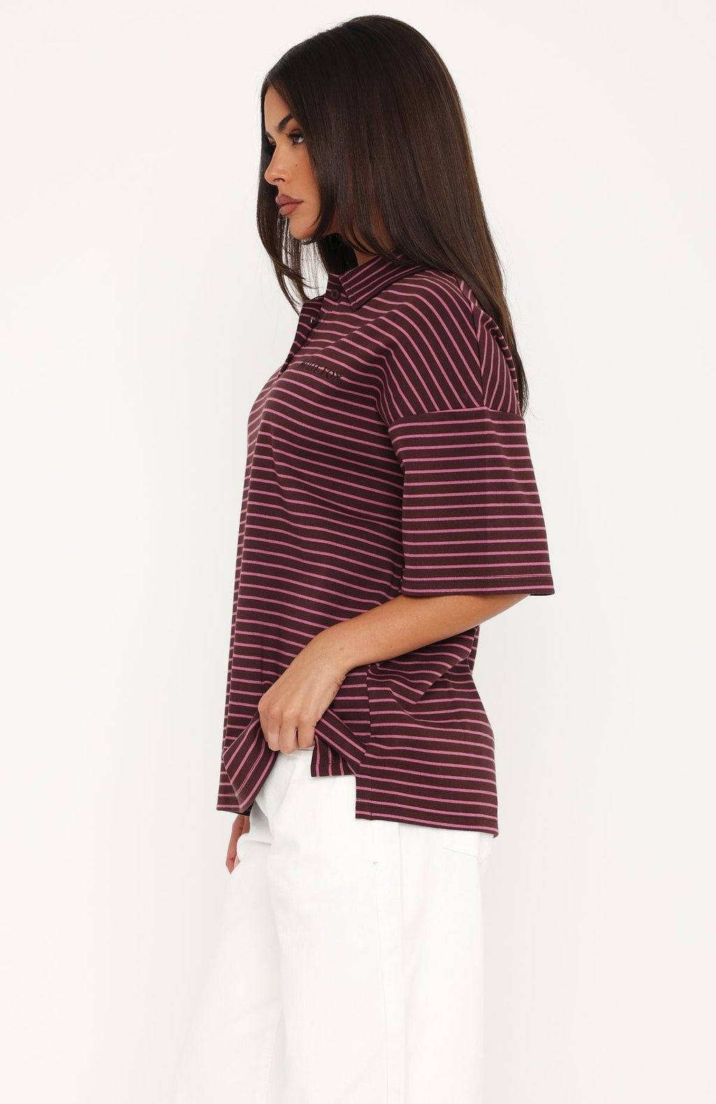 White Fox Pure Intent Oversized Short Sleeve Polo Shirt Choc / Pink Stripe